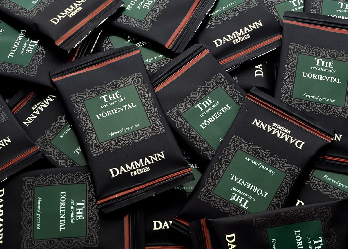 Dammann Freres Sachets, L'Ôriental Tea Bags, Premium Gourmet French Green Tea, Blend Passion Fruit, Peach, Strawberry Flavors, Individually Wrapped, 24 Count (Single Pack)