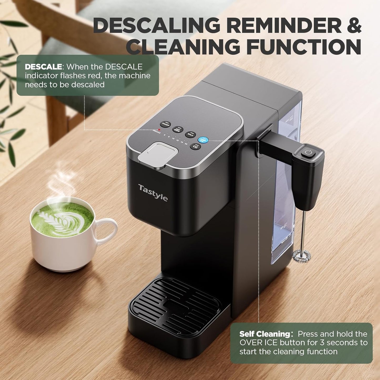 Tastyle Single Serve Coffee Maker with Built-in Detachable Milk Frother | For K Cups &amp; Grounds, 40oz Removable Water Tank, 6 Brew Sizes, 2 Drip Trays, BPA Free, Fits 7.3" Travel Mug, K330MF, Black