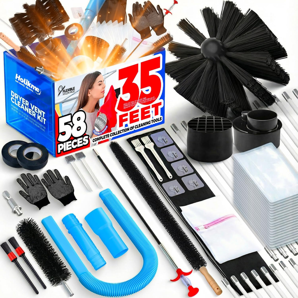 Holikme 35FT Dryer Vent Cleaner Kit 58Pcs - Lint Remover Brush Vacuum Tools