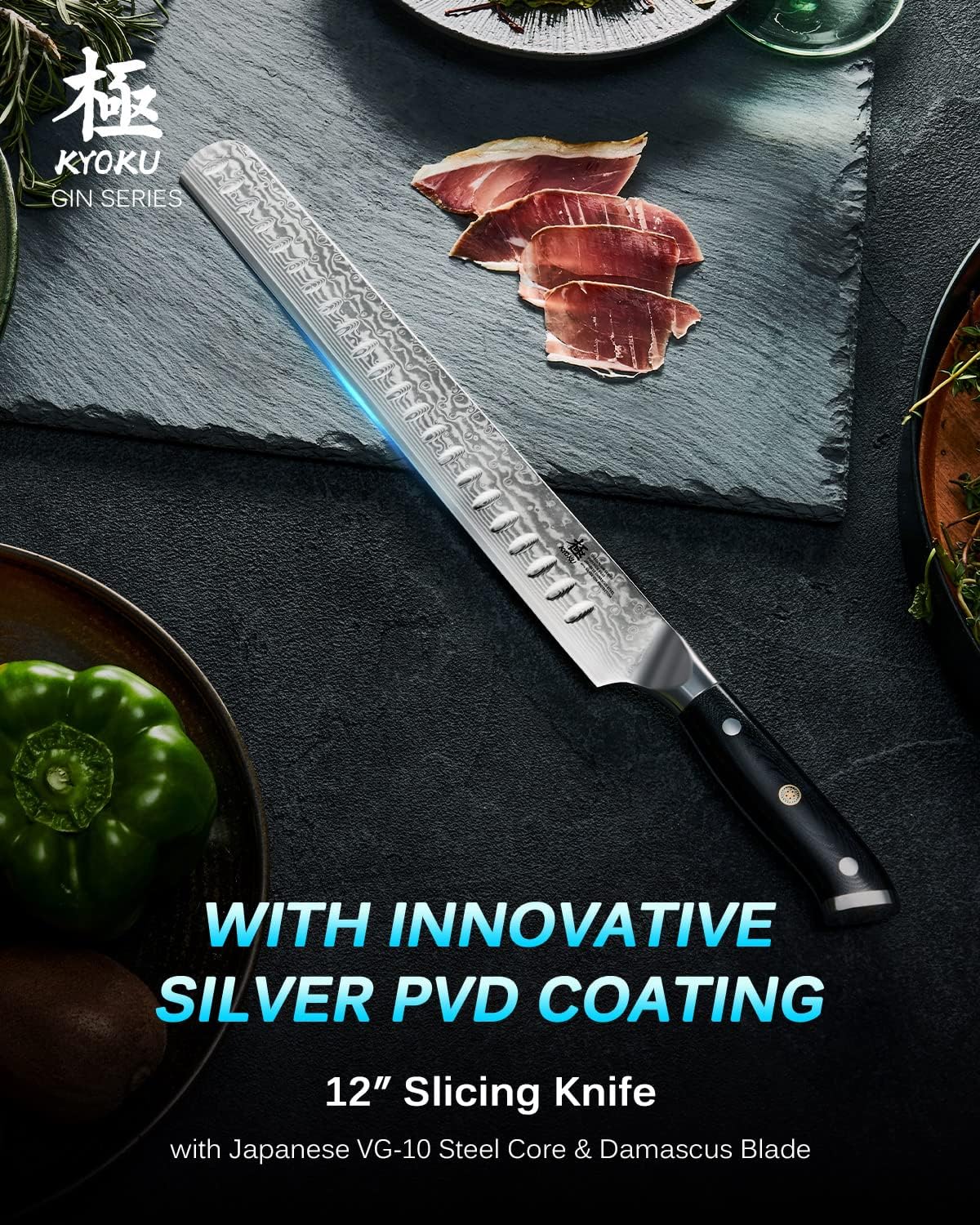 KYOKU Gin Series 12" Brisket Slicing Knife, Meat Carving Knife with Silver PVD Coating Mosaic Pin Handle for Professional Chef & Home Cook, Japanese VG10 Steel Slicer for Meat Fruit Vegetables