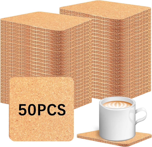 50 PCS Cork Coasters Bulk,Blank Square Cork Coasters DIY Crafts, Non-Slip Heat-Resistant Reusable Coffee Coaster, Suitable