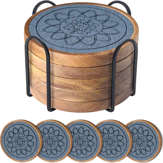 5 Pack Absorbent Coasters for Coffee Table with Holder, Wood Coasters with Felt Pads, Non-Slip, Non-Stick, Suit for Kinds of