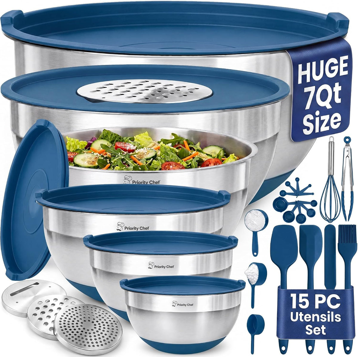 Priority Chef 6Pc Stainless Steel Mixing Bowls with Lids Set, Huge 7 Qrt Size Metal Bowl Set for Kitchen, 3 Graters, Non-Slip Bases &amp; Silicone Utensils Set, Blue