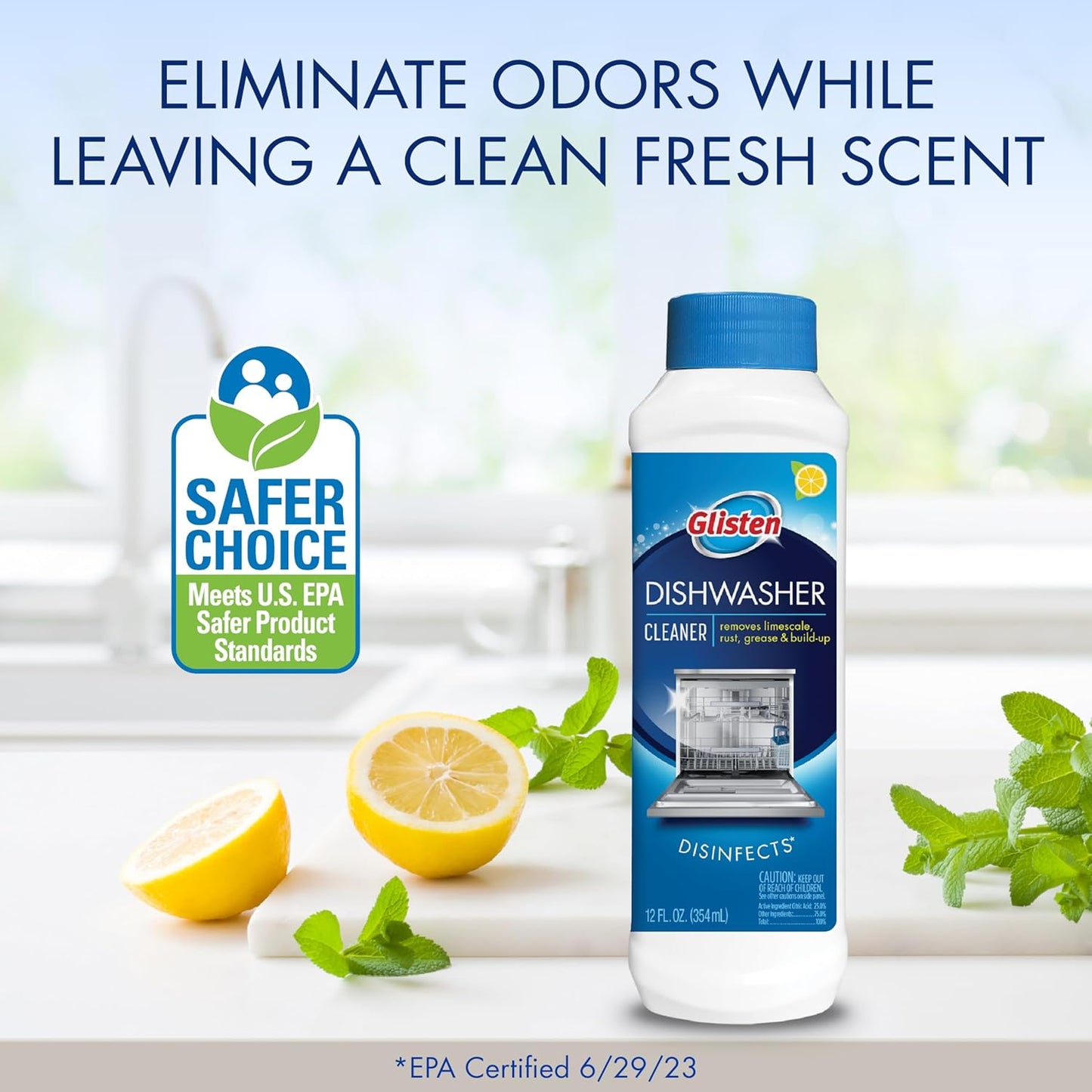 Glisten Dishwasher Cleaner – Removes Limescale, Rust & Grease, Lemon Scent, Made in USA, 12 oz, 3-Pack