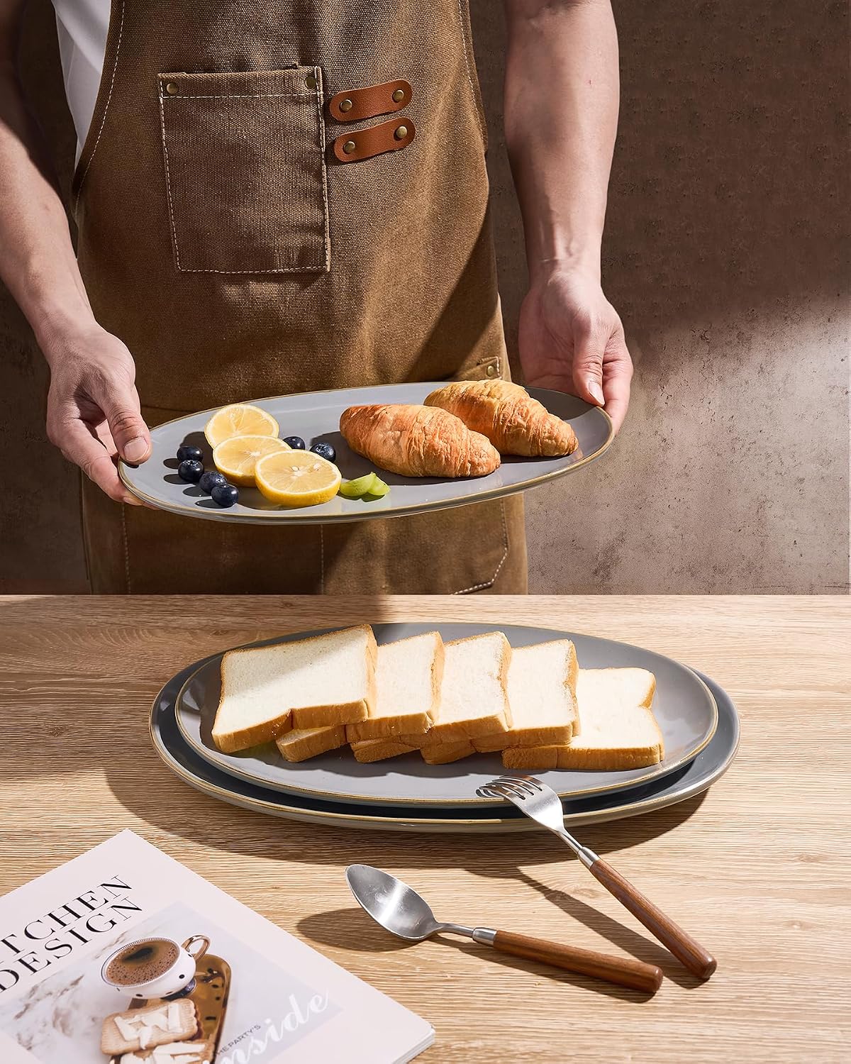 famiware Serving Platters Set of 3 Sizes - Oval, Dark Grey | 15.59"/14.3"/12.9" Fine Stoneware Serving Trays for Party, Entertaining for Food, Turkey, Cheese, Microwave Dishwasher Safe