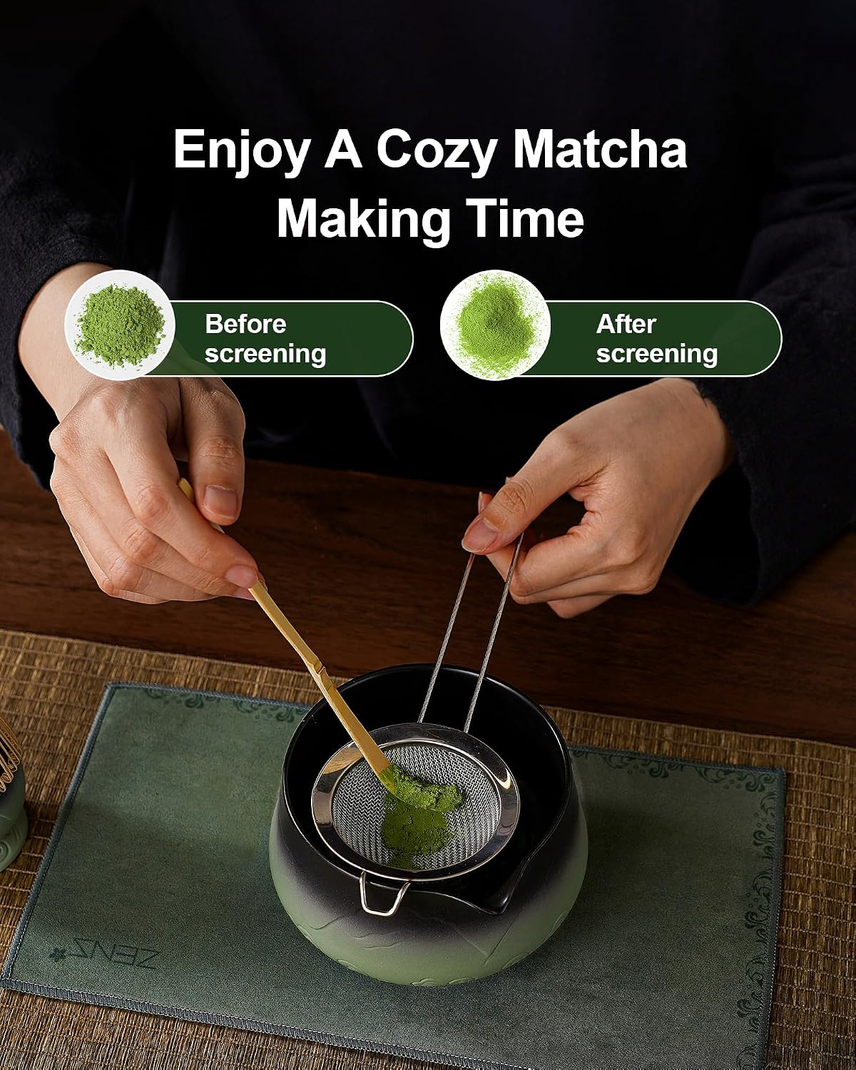 ZENS Premium Matcha Whisk Set with Blooming Cup, 7pcs Matcha Set, Green