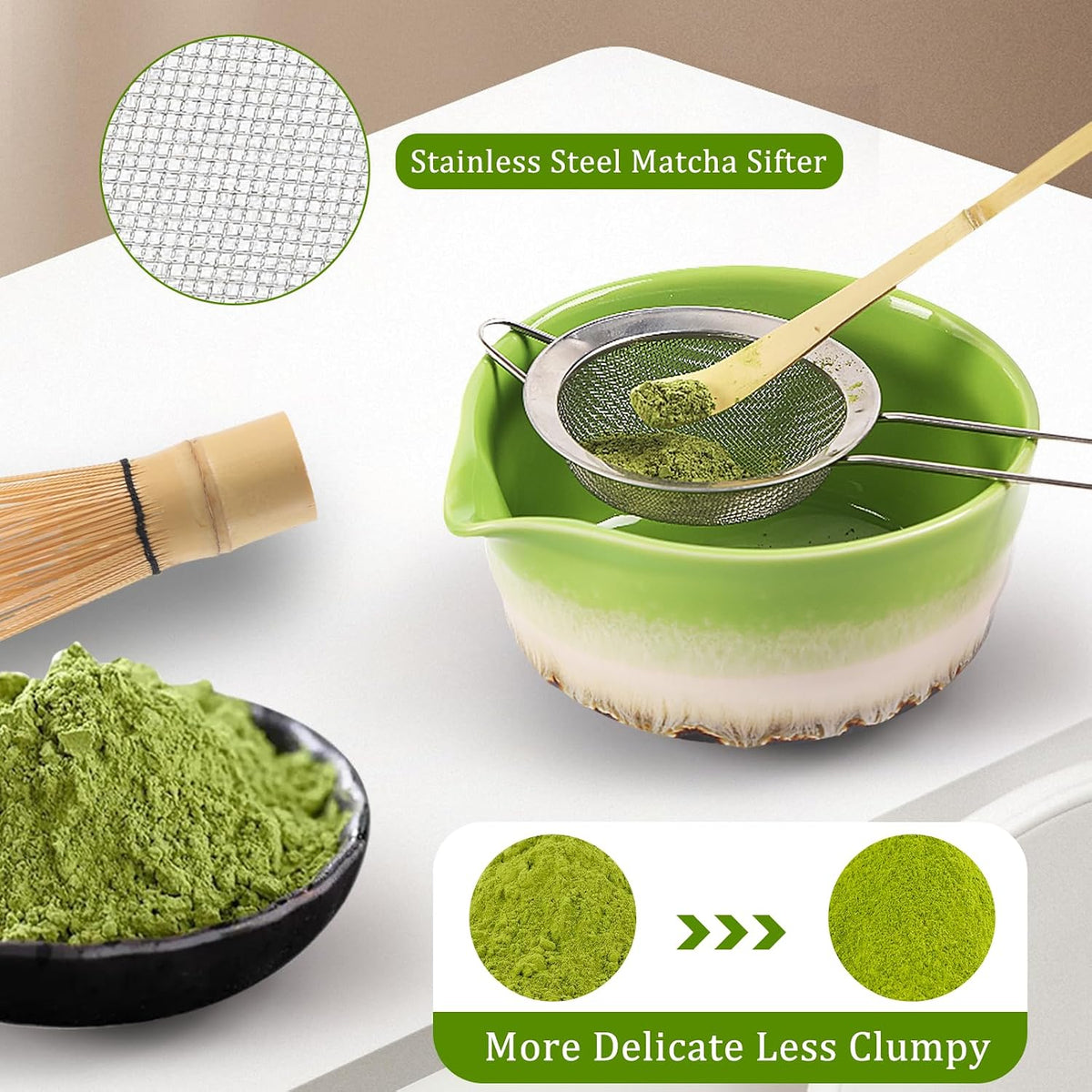 Matcha Whisk Set, 5 PCS Ceramic Matcha Set, Japanese Tea Set Includes Matcha Bowl with Spout, Whisk, Sifter, Holder and Bamboo Spoon, Matcha Kit Gift For Authentic Ceremony (Green)