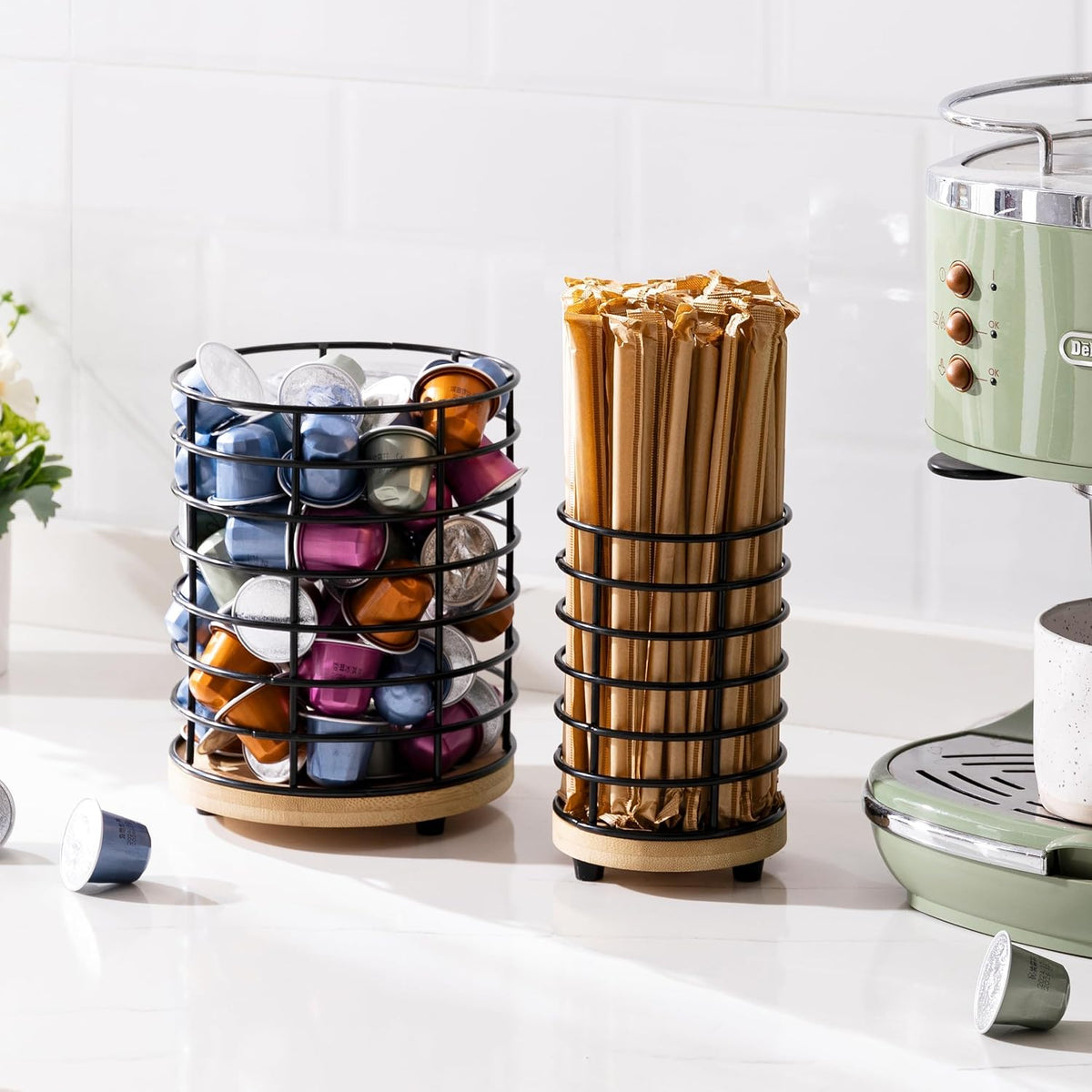 HBlife Coffee Pod Holder &amp; Coffee Stirrers Holder Set, Metal and Wooden Coffee Bar Accessories Large Capacity Kitchen Counter Decor for Keurig K cup &amp; Nespresso Vertuo (Black Wire)