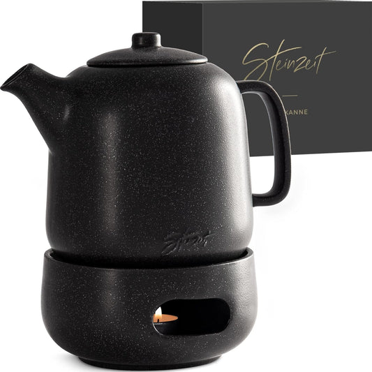 Steinzeit Design Tea Pot with Warmer (44 oz) - Premium Ceramic Teapot with Infuser for Loose Tea - Black Teapot Ceramic with