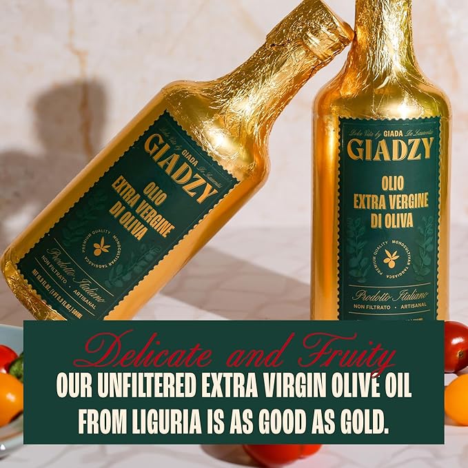 Giadzy by Giada de Laurentiis 2 Pack Olive Oil Extra Virgin - Premium Unfiltered Cold-Pressed Italian Olive Oil, Gold Wrap, Made in Italy, Perfect for Cooking & Gifting. Rich in polyphenols & antioxidants.