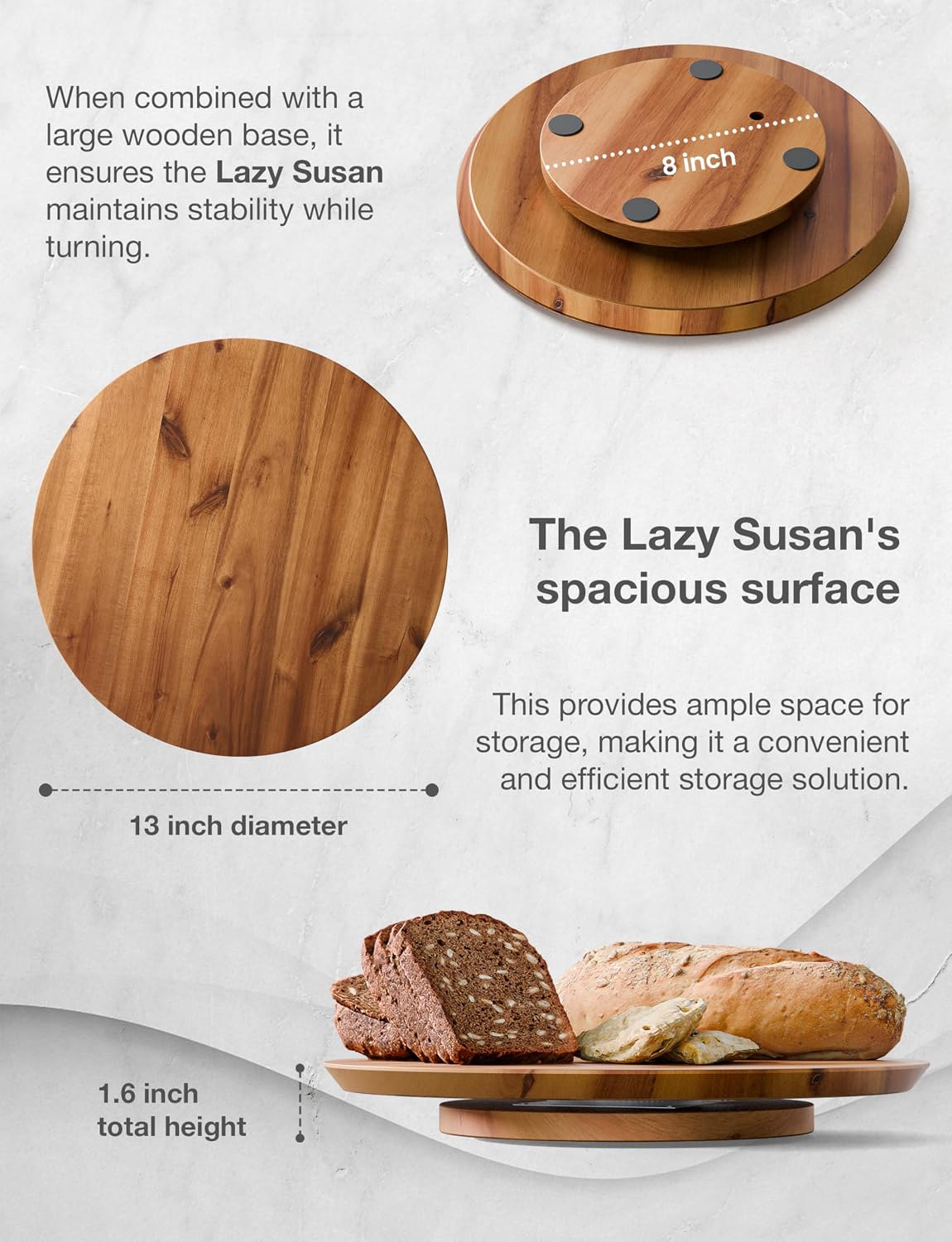 13" Acacia Lazy Susan Organizer for Table - Wooden Lazy Susan Turntable - Wood Kitchen Turntable Storage Food for Cheese Boards, Pantry, Fridge, Countertop (Acacia Wood, 13 Inch)