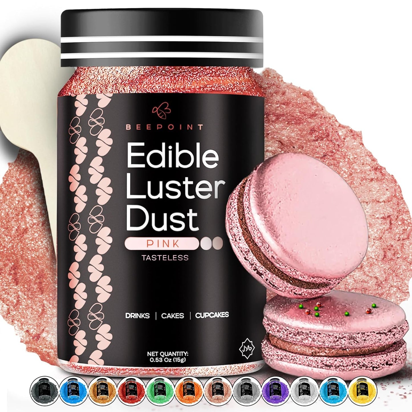 BeePoint Pink Edible Luster Dust 15g - Food Grade, Vibrant Color Shimmer Powdered Dust for Drinks, C