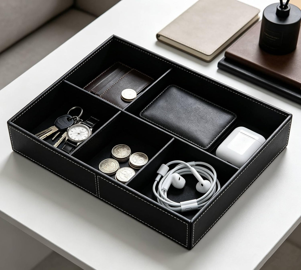 Desktop Glove Box, Nightstand or Dresser Organizer, Valet Tray, Entry Table Organizer, Dresser Storage Box,PU Leather Drawer Storage Decorative Trays.