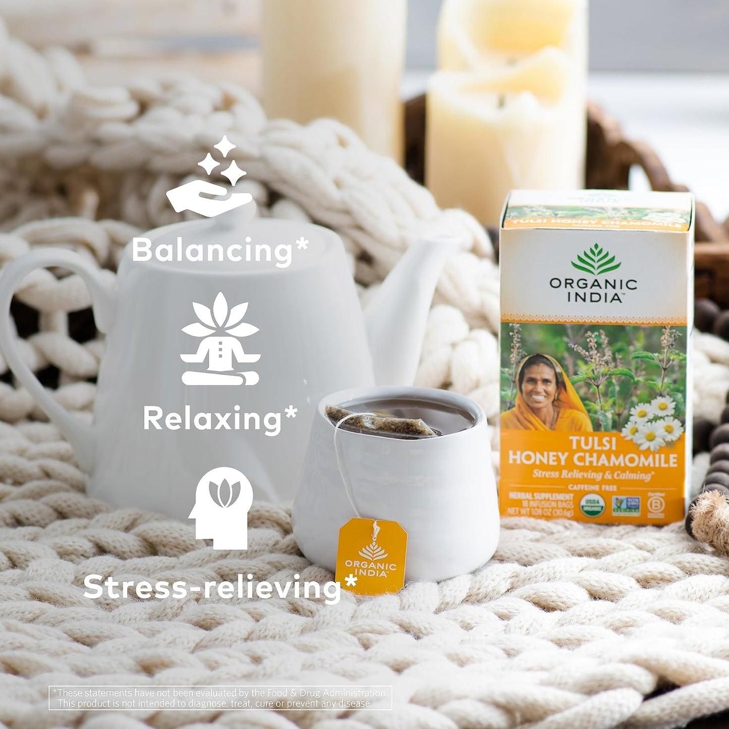Organic India Tulsi Honey Chamomile Herbal Tea - Holy Basil, Stress Relieving &amp; Calming, Immune Support, Adaptogen, Vegan, USDA Certified Organic, Caffeine-Free - 18 Infusion Bags, 6 Pack