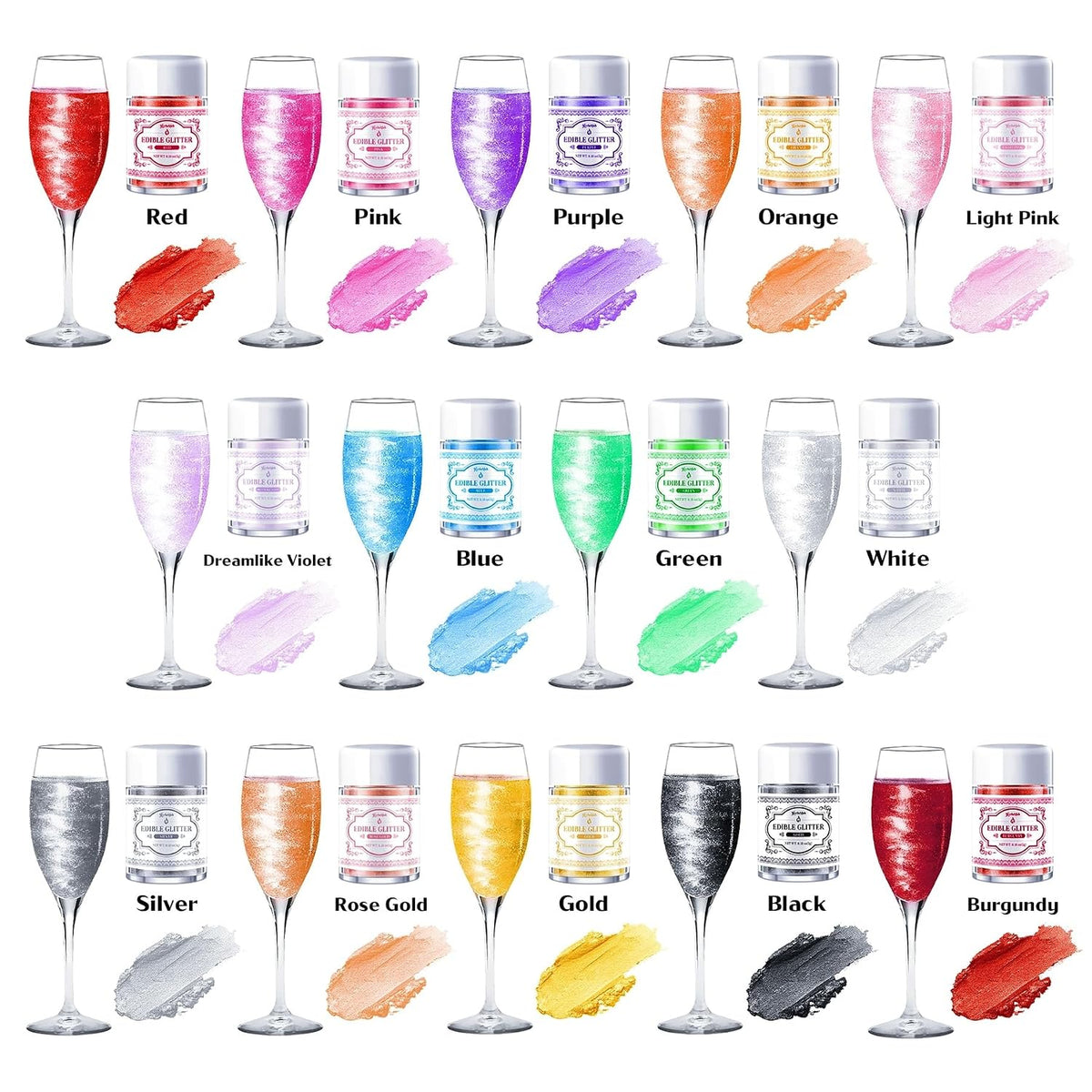 Edible Glitter for Drinks – 14 Colors Luster Dust, Food Grade Cocktail Shimmer Powder for Cakes, Beverages, Chocolate &amp; Candy, 5g/Bottle