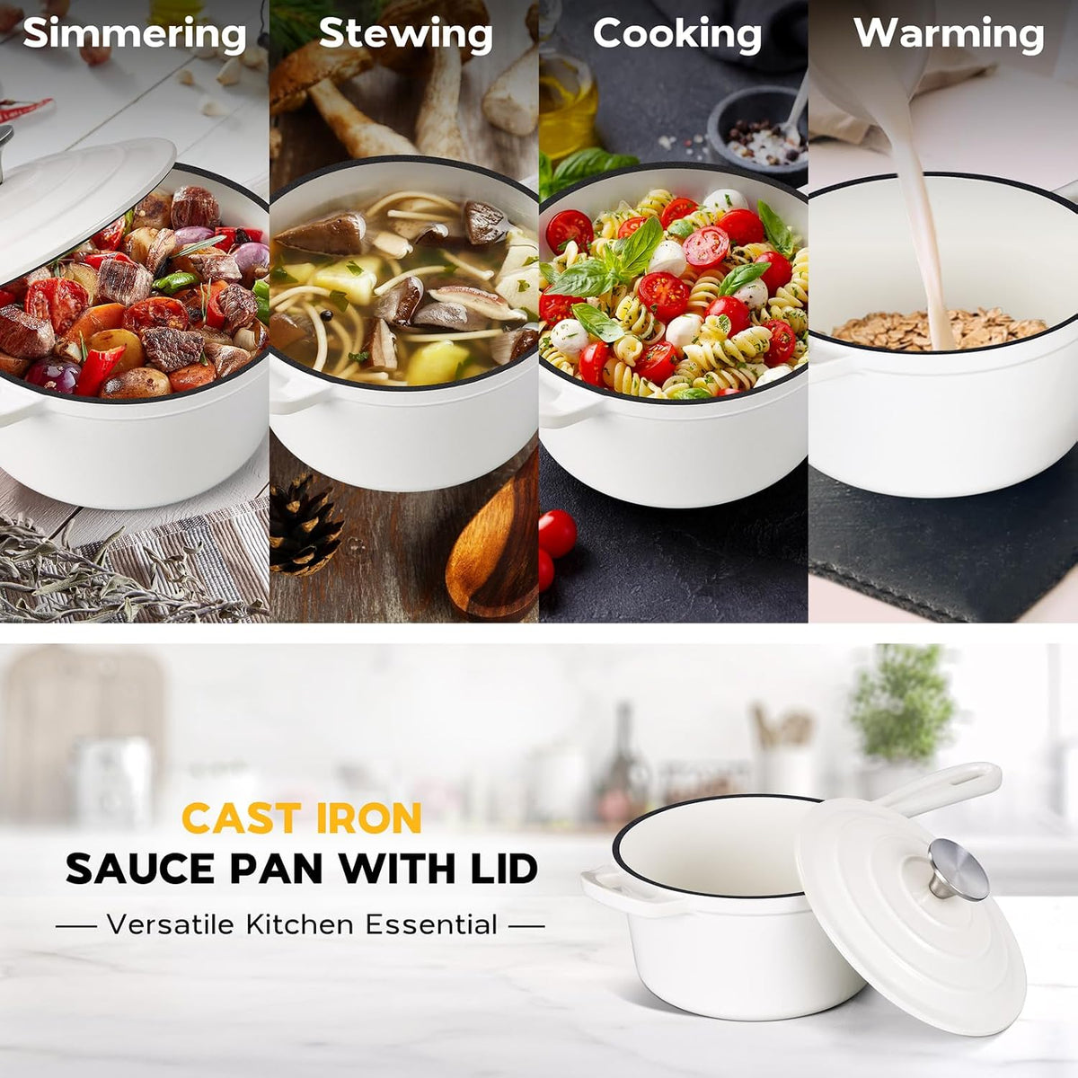 2 Quart Saucepan Dutch Oven, Onader Enameled Cast Iron Sauce Pan Pot with Lid, Small Cooking Kitchen Pot, Nonstick & Oven Safe – White