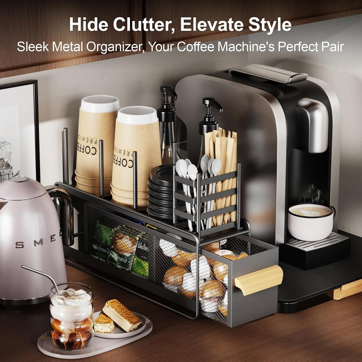 GSlife Narrow Coffee Bar Organizer - Countertop Station with Drawer, Black | Only 4.5 in Wide, Pull-Out Pod Drawer, Cup &amp; Lid Holders, Stirrers, Straws &amp; Condiment Storage, for Coffee Bars &amp; Breakrooms