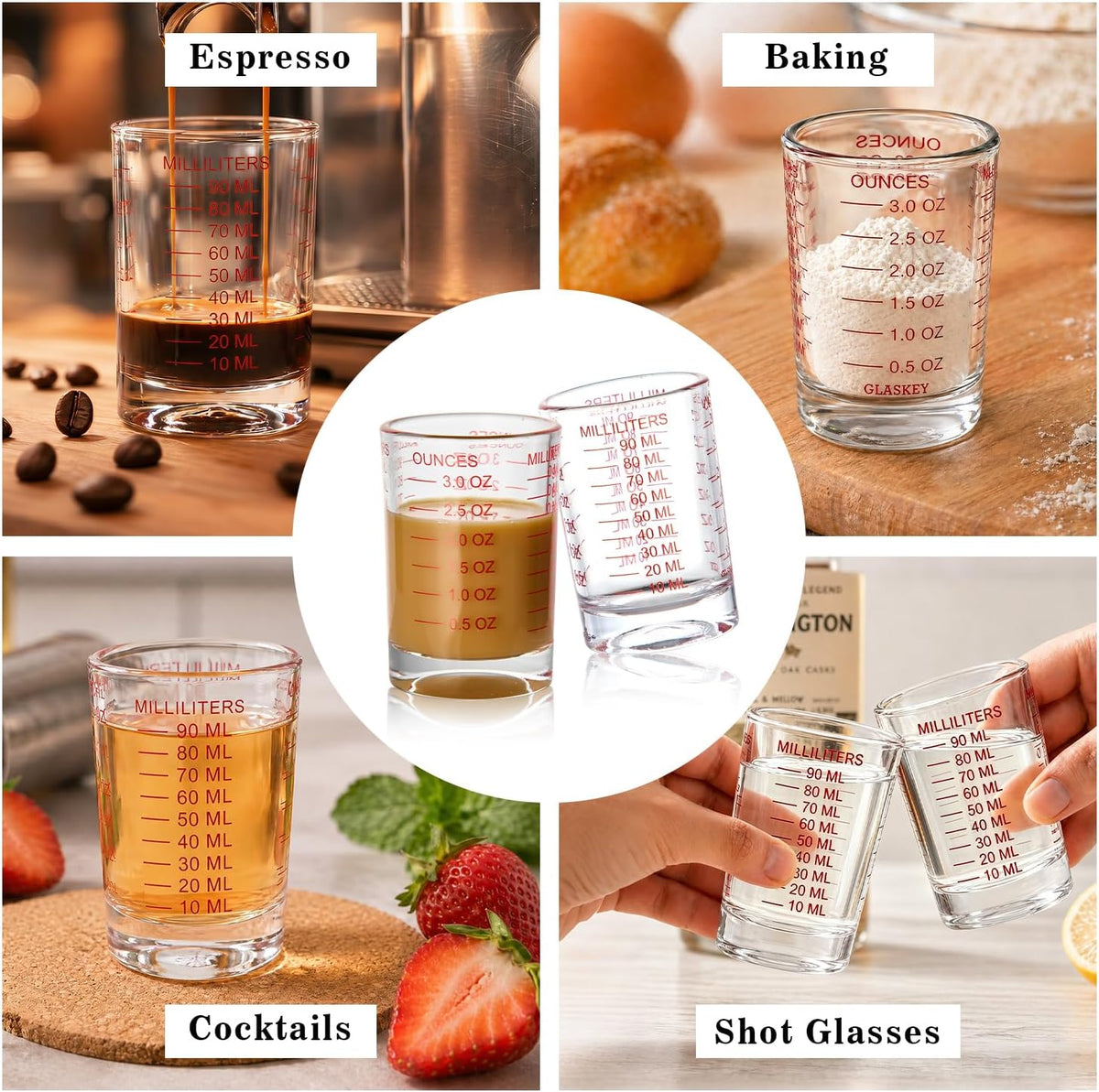 GLASKEY 2 Pack Shot Glass Measuring Cup Set,3 oz/90ml Liquid Heavy High Espresso Glass Cup,Dishwasher Safe,Measurement of Dry and Liquid Ingredients(Red)