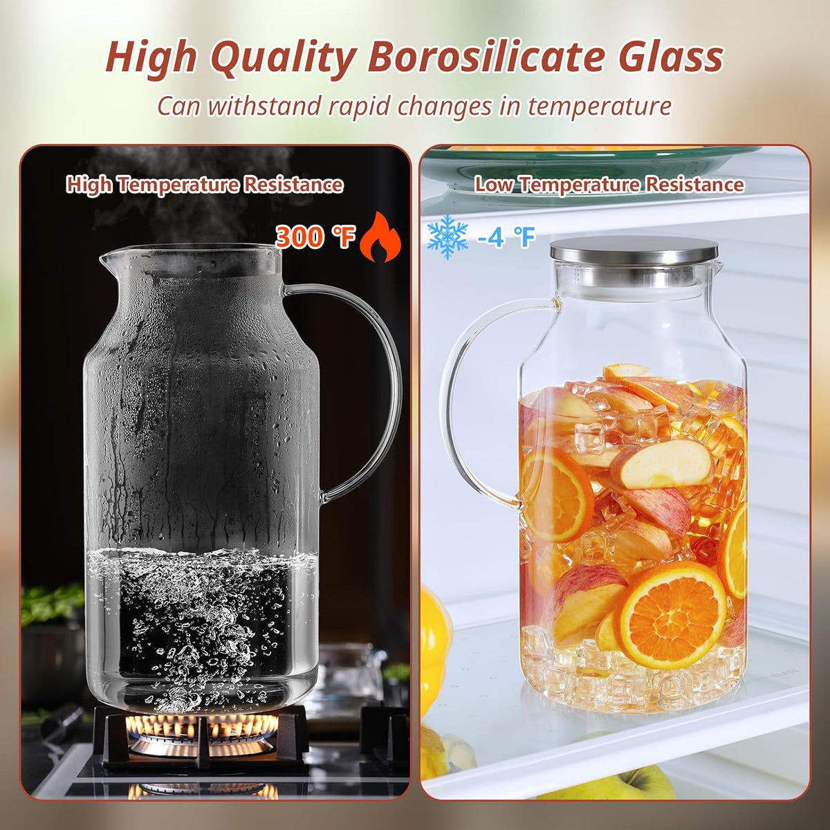 1 Gallon Glass Pitcher with Lid and Handle, Glass Water Carafe for Hot/Cold Water, Large Jug for Iced Tea, Coffee, Juice and Homemade Beverage