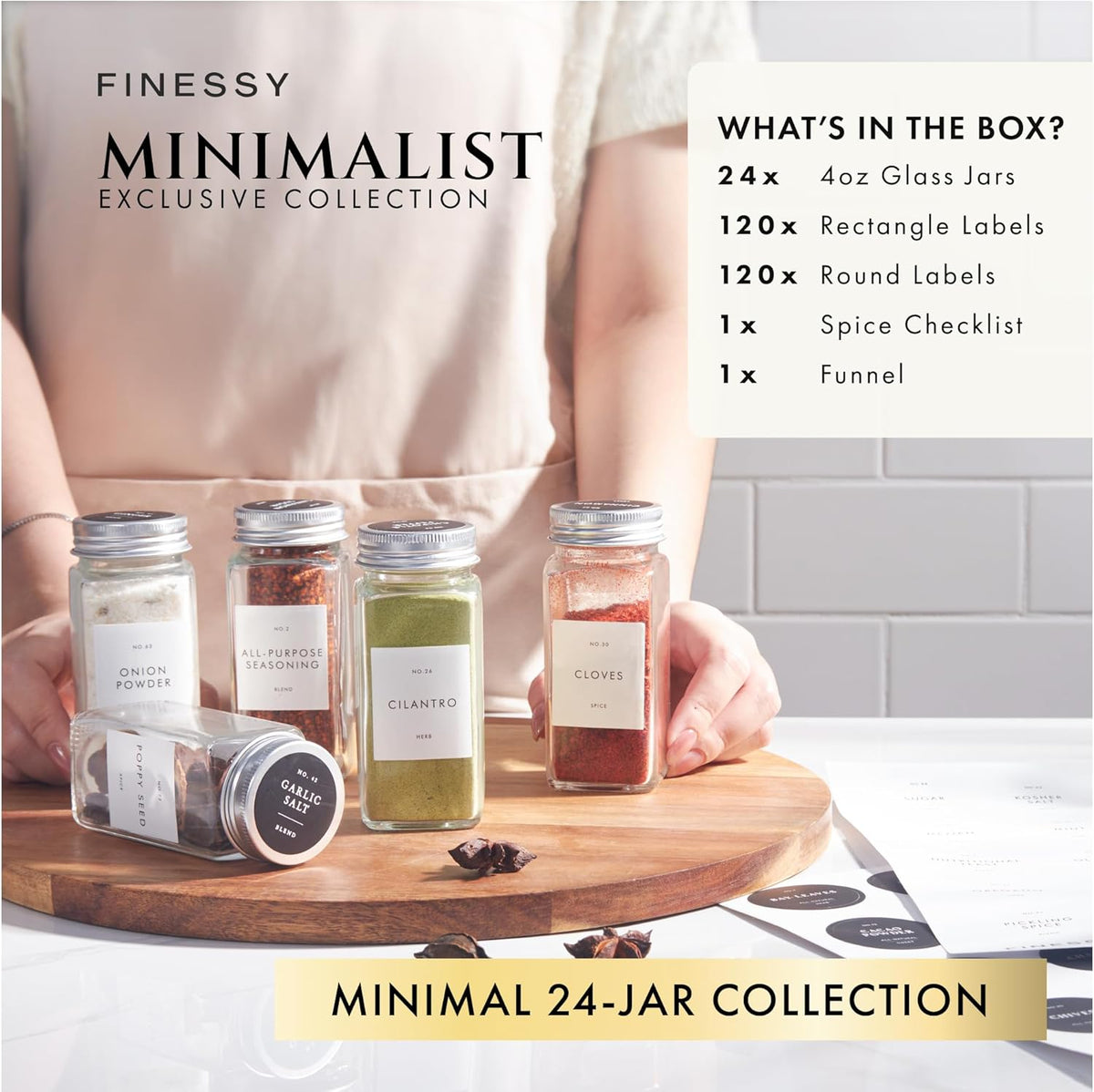 Glass Spice Jars with Labels with Metal Lids and Shakers Minimalist 24 Pack Set, 4oz Small Clear Empty Spice Bottles Seasoning Containers with Label Organizer Square Herb Seasoning Jars for Kitchen