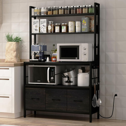 Bakers Rack with Power Outlet,5-Tier Free Standing Kitchen Storage Shelf Bakers Rack with Baskets,Industrial Microwave Oven