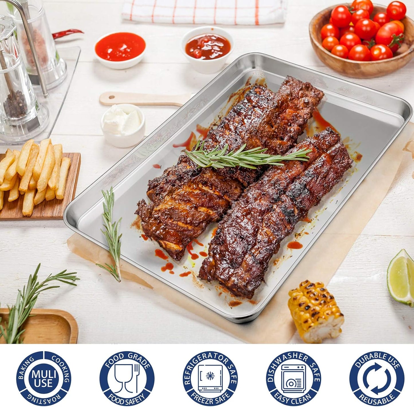P&amp;P CHEF Baking Sheet Pan, Stainless Steel Cookie Sheet, 16 Inch &amp; 2 Pcs | Oven Tray Sheet Pan for Baking &amp; Serving, Baking Tray for Multi Uses, Heavy Duty &amp; Non-toxic, Rust Free &amp; Dishwasher Safe
