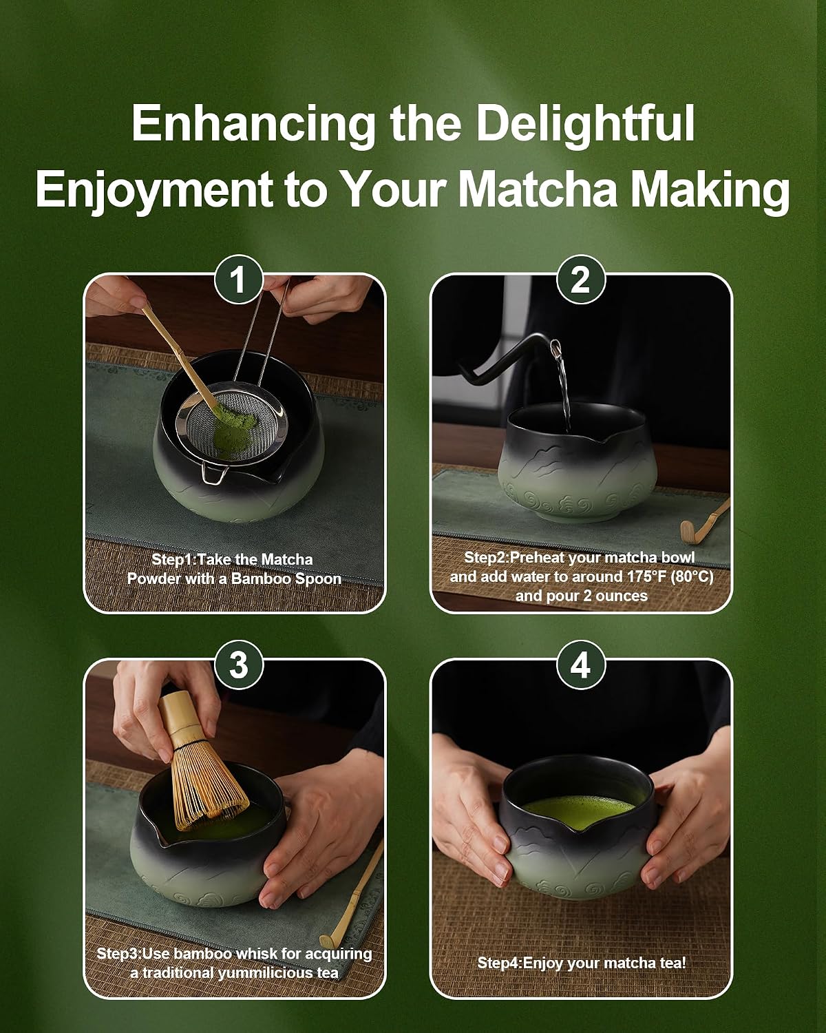 ZENS Premium Matcha Whisk Set with Blooming Cup, 7pcs Matcha Set, Green