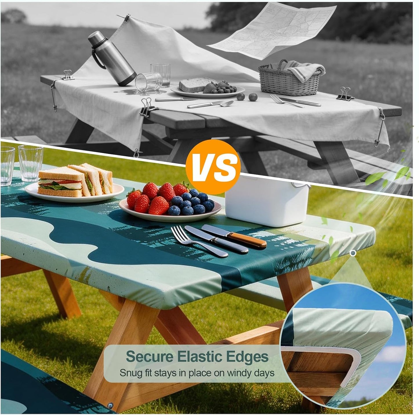Picnic Table Cover with Bench Covers Camping Essentials Waterproof Windproof Camping Tablecloth with Drawstring Bag, Fit