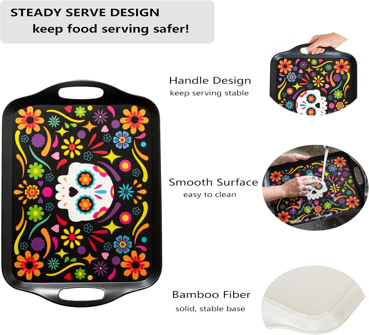 Oasis Choice 2-Pack Dia de Los Muertos Serving Trays, 17.3"×12.2" Calavera Sugar Skull Platters, Durable Bamboo Fiber, Dishwasher Safe for Fiesta &amp; Day of the Dead (Calavera Vibrant, 17inch)