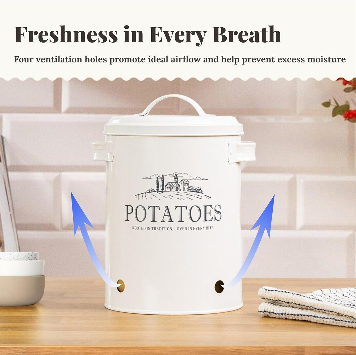 Potato and Onion Storage Bin Set – 3 Metal Farmhouse Canisters with Ventilation Holes – Rustic Kitchen Organizer for Garlic, Onion, and Potato Storage – Countertop or Pantry Use