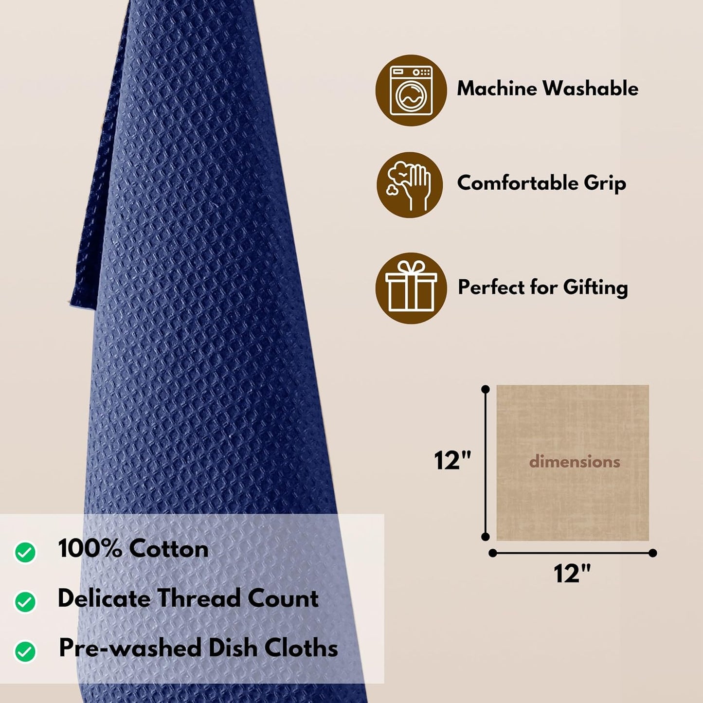 Native Fab Waffle Dishcloths 12 Pack - 100% Cotton, Ultra Absorbent Dish Cloths for Kitchen Cleaning, Drying, and Cooking - Soft and Durable Towels for Everyday Use, 12x12 inch - Ink Blue
