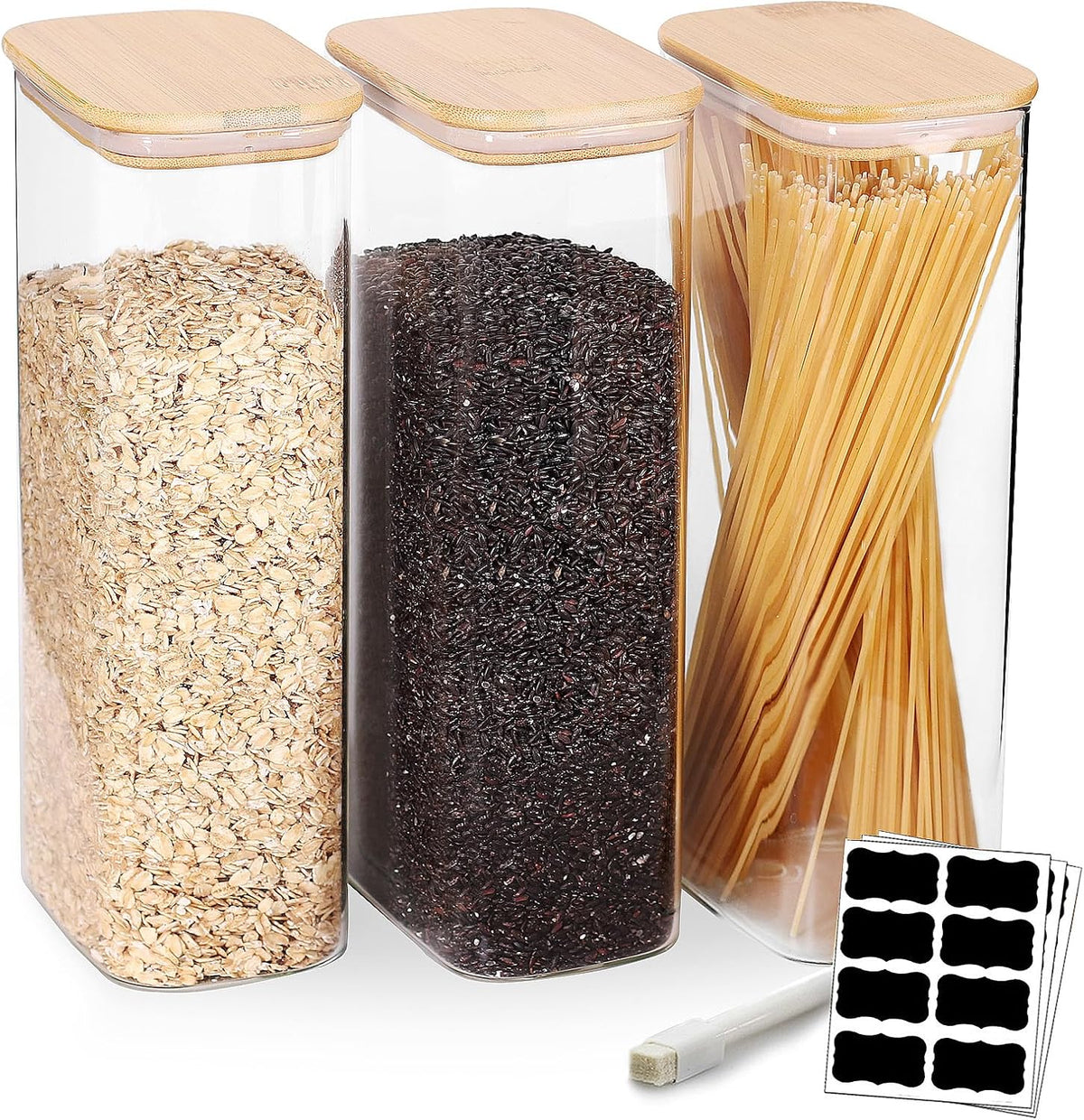 33OZ Airtight Glass Food Storage Containers with Lids - Set of 6 for Pantry, Cereal, Flour & Rice Dispensing - Rectangle Shapes with Bamboo Lids - Ideal for Kitchen Organization & Meal Prep