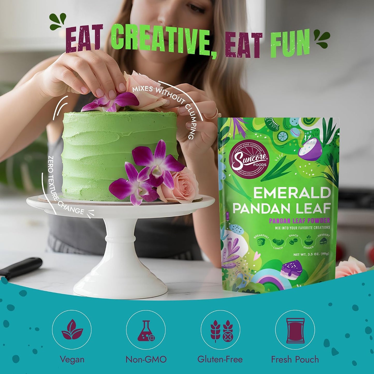 Suncore Foods Emerald Pandan Leaf Powder 3.5oz | Gluten Free | Vegan | Natural Green Food Coloring, For Baking, Drinks, Desserts, Smoothies, Gourmet Flavor, Non-GMO, No Caffein, Resealable Pouch