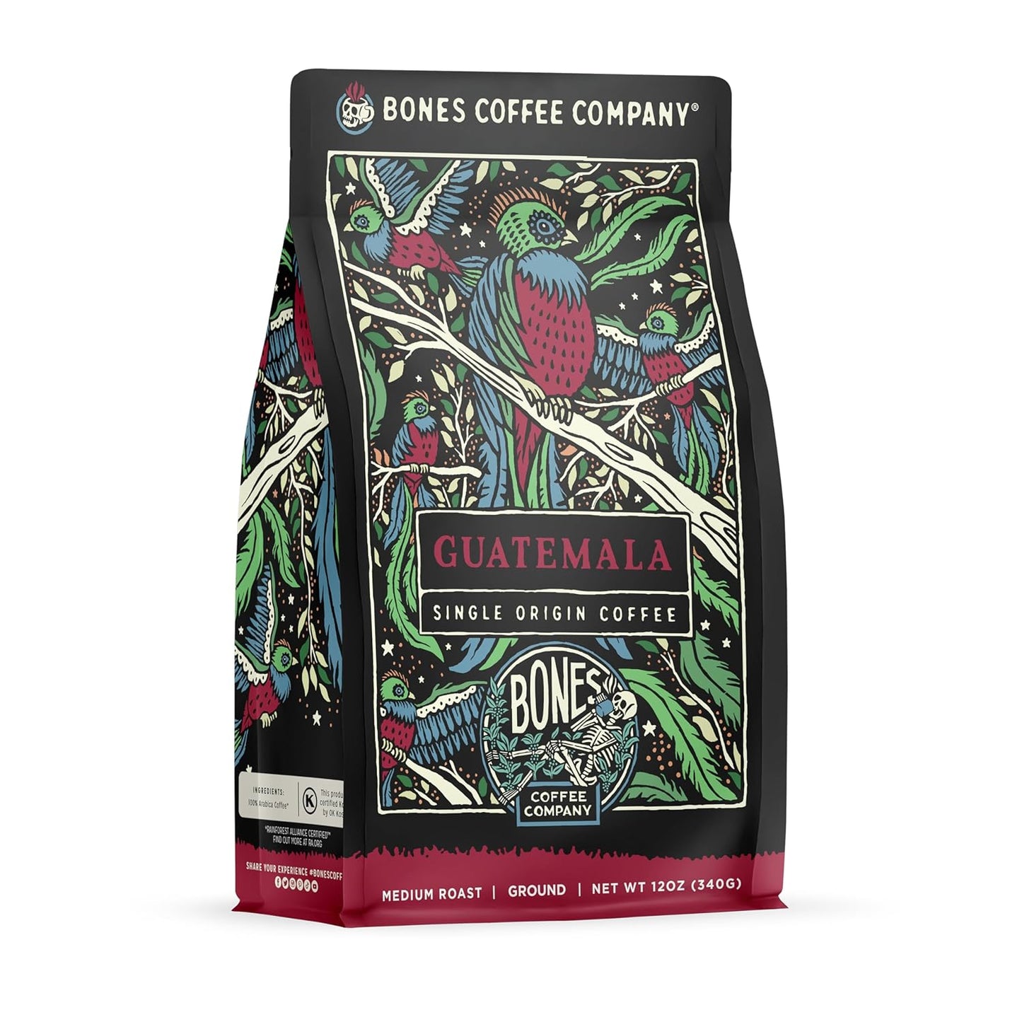 Bones Coffee Company Guatemala Single-Origin, Milk Chocolate, Citrus and Caramel Notes, Ground Coffee Beans, Low Acid Medium Roast Arabica Beans Flavored Coffee, 12 oz Ground