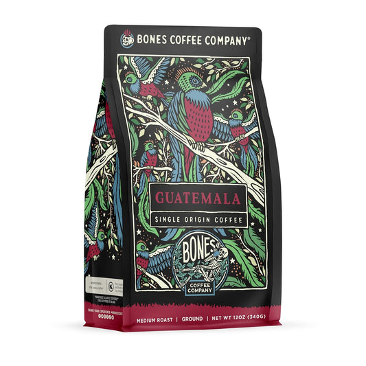 Bones Coffee Company Guatemala Single-Origin, Milk Chocolate, Citrus and Caramel Notes, Ground Coffee Beans, Low Acid Medium Roast Arabica Beans Flavored Coffee, 12 oz Ground