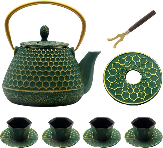 Cast Iron Tea Kettle Set, 33.8oz Hexagon Pattern Teapot Set with Cups and Cup Mats, Teapot Coated with Enameled Interior,