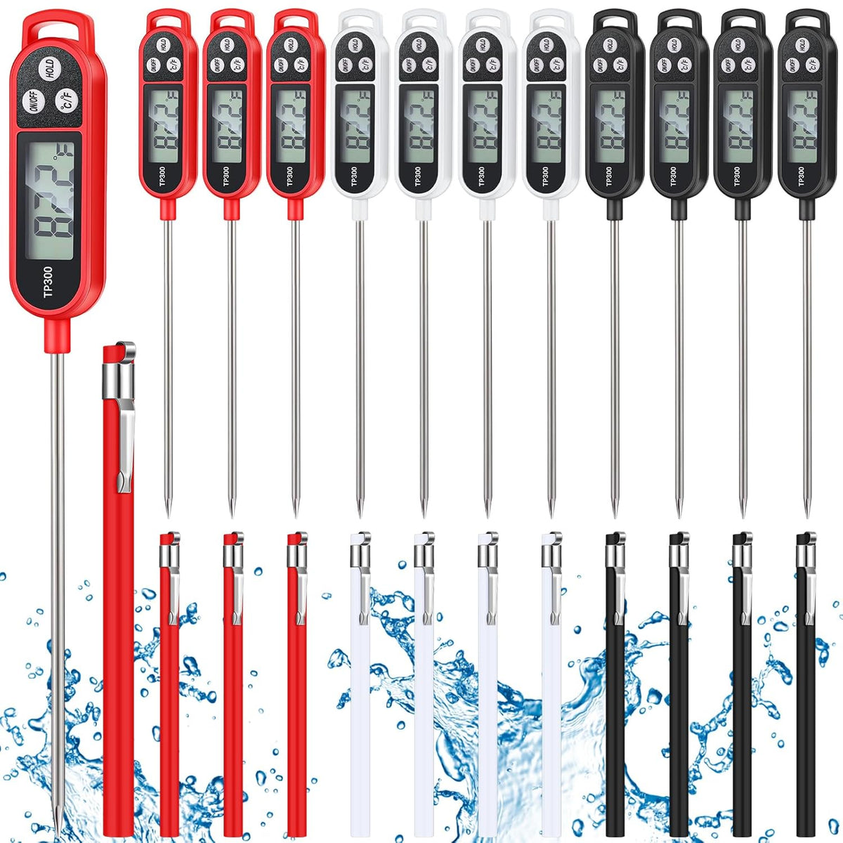12 Pcs Meat Food Thermometer Food with Probe Water Liquid Instant Read Digital Thermometer Kitchen Cooking Supplies for Cooking BBQ Milk Yogurt (Black,White,Red)