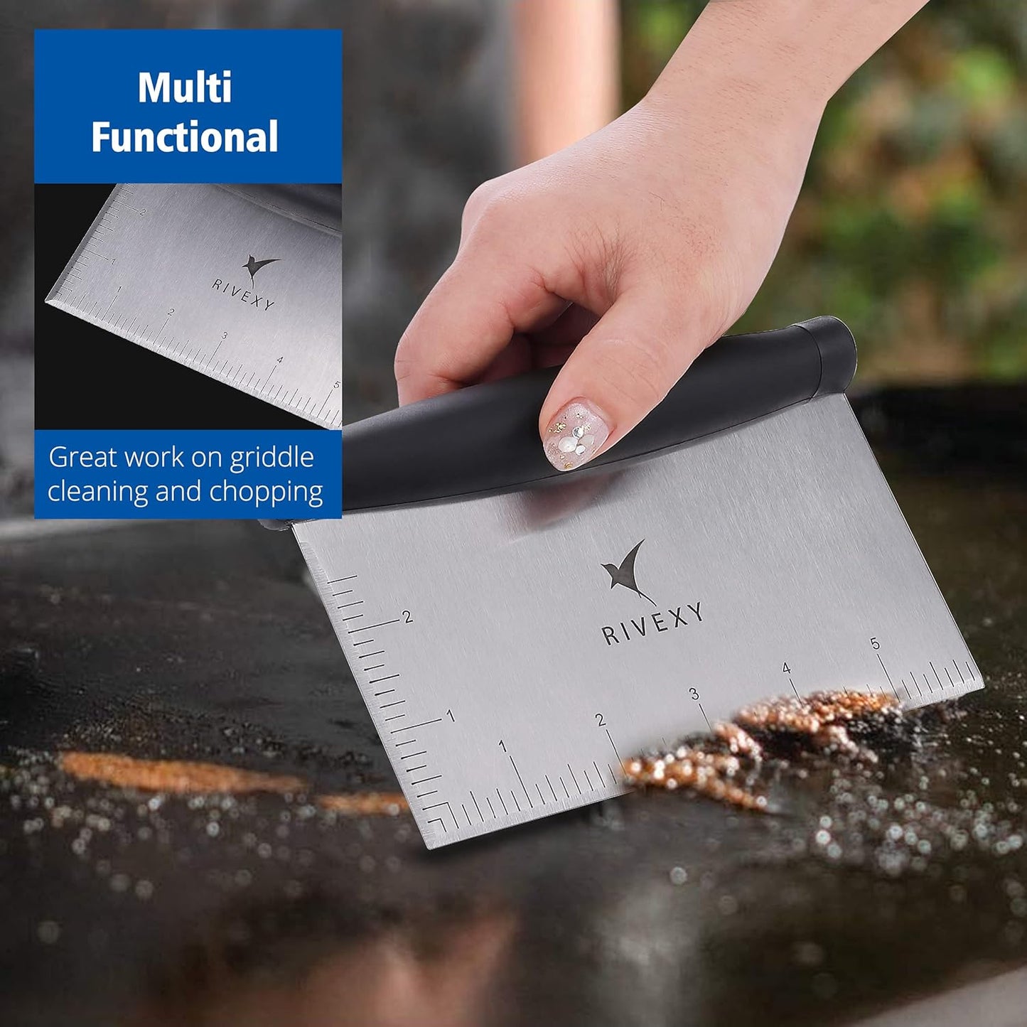 Stainless Steel Griddle Scraper for Flat Tops, Multipurpose Bench Scraper for Kitchen & Outdoor BBQ, Durable Bread Dough Cutter, Grill Scraper for Chopping, Dicing, Mixing Food and Cleaning