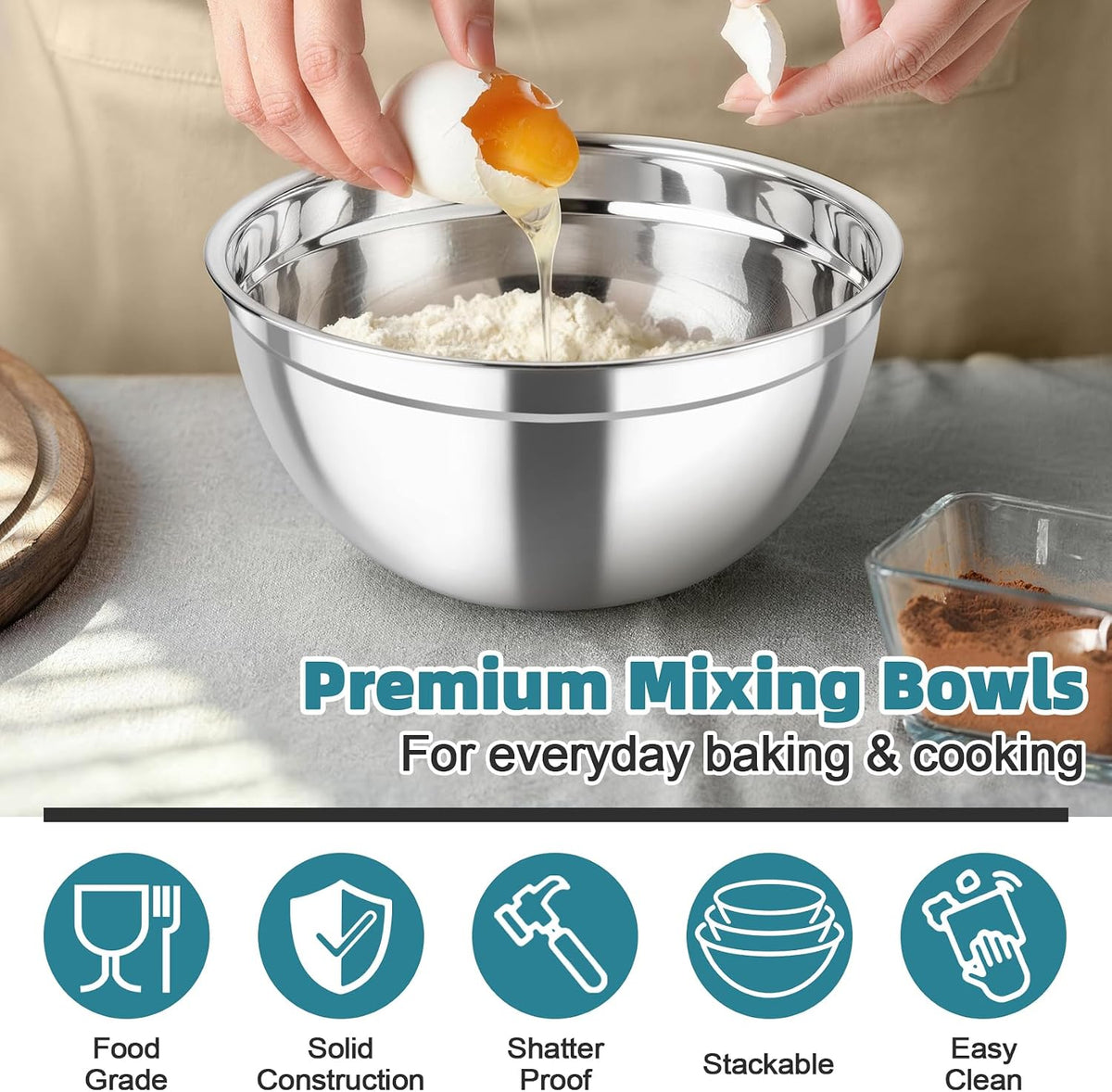 TeamFar Mixing Bowls, Stainless Steel Nesting Salad Bowls &amp; Airtight Lids