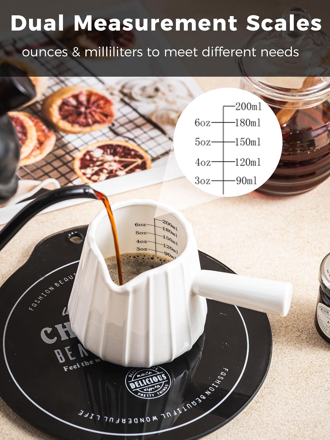 Espresso Cups, Ceramic Espresso Shot Cup with Handle, 6 OZ/ 200ML | Espresso Measuring Cup for Double Espresso, Espresso Accessories, Epresso Shot Glass with Dual Measurement Scales, White