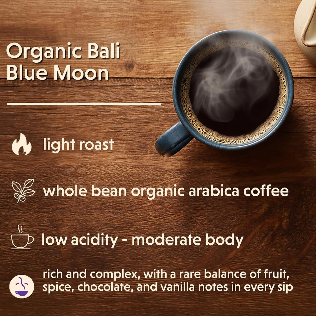 Coffee Bean Direct Organic Bali Blue Moon, Whole Bean, 2.5lb Bag | Light Roast, Single Origin Arabica Coffee Beans