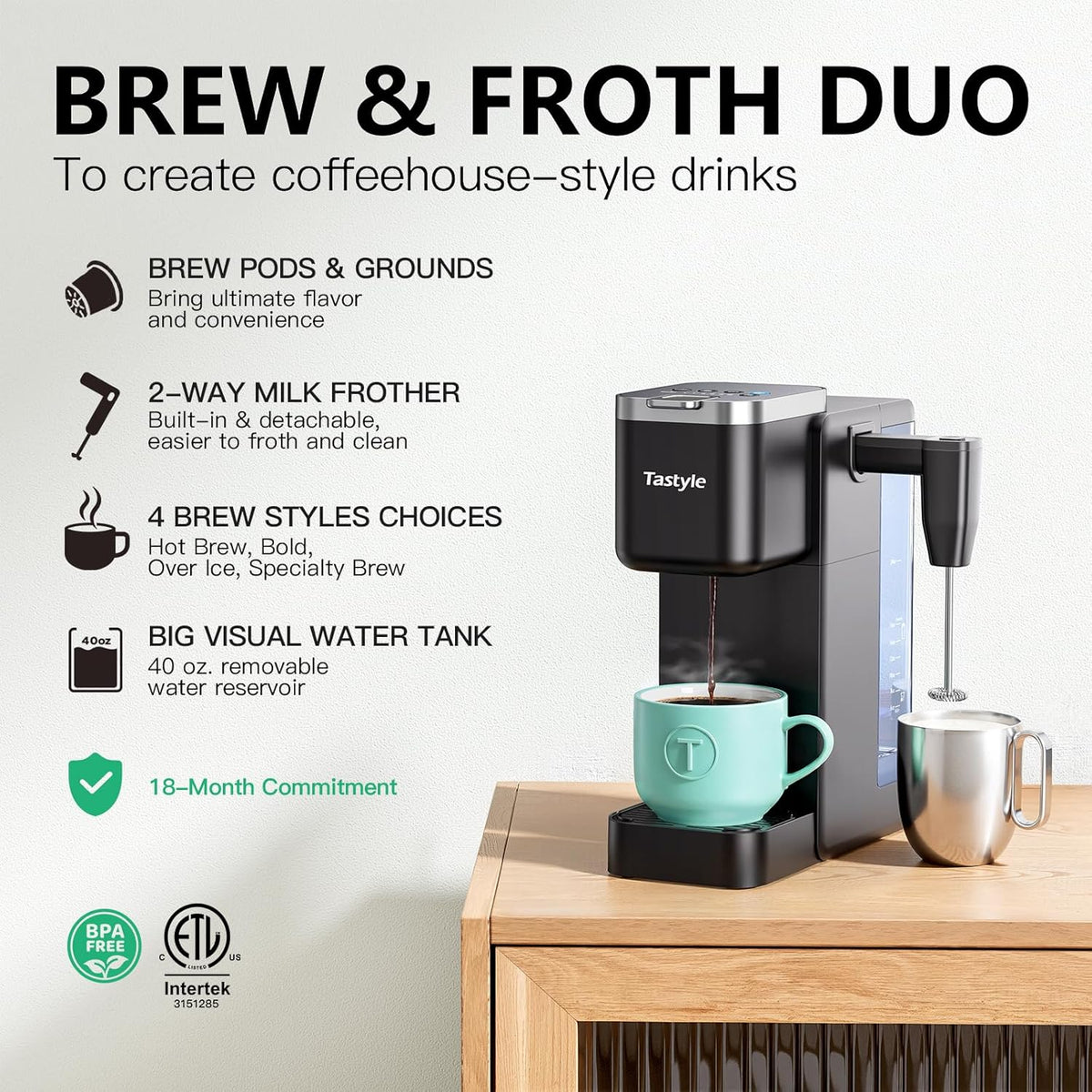 Tastyle Single Serve Coffee Maker with Built-in Detachable Milk Frother | For K Cups &amp; Grounds, 40oz Removable Water Tank, 6 Brew Sizes, 2 Drip Trays, BPA Free, Fits 7.3" Travel Mug, K330MF, Black