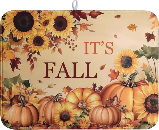 Fall Orange Pumpkins Dish Drying Mat Maple Leaves Autumn Large Kitchen Mats Dish Drying Pad Absorbent Dish Dryer Mat for
