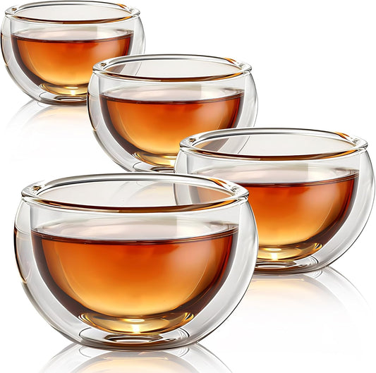 4 Pack Double Walled Glass Teacups Insulated Glasses - (4oz / 120ml) Heatproof Borosilicate Tea Cup, Mini Espresso Cups Gift
