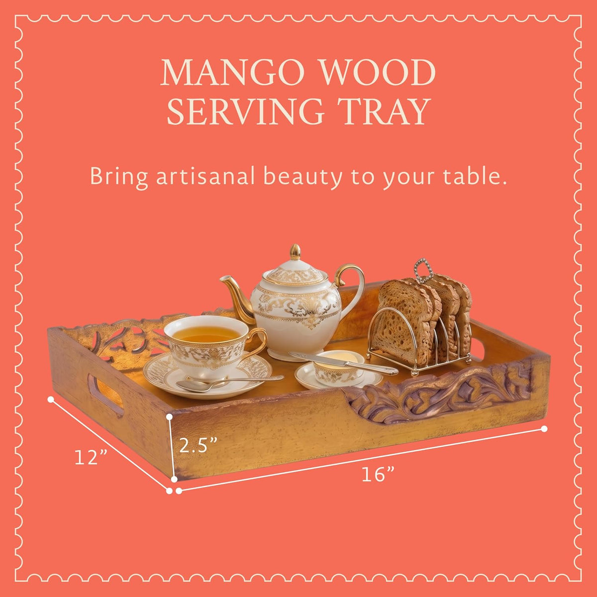 Mela Artisans Flourish Mango Wood Serving Tray - Distressed Gold, 16 in | Handcrafted serving tray board with handles for breakfast, coffee and home décor, utilizing built-in base felt pads.