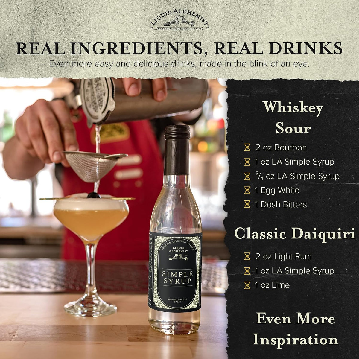 Liquid Alchemist Simple Syrup for Cocktails - Real Ingredients Make our Simple Sugar Syrup the Perfect Old Fashioned Mix - Our Drink Mix is Non-GMO Gluten Free &amp; Vegan (25.4 oz)