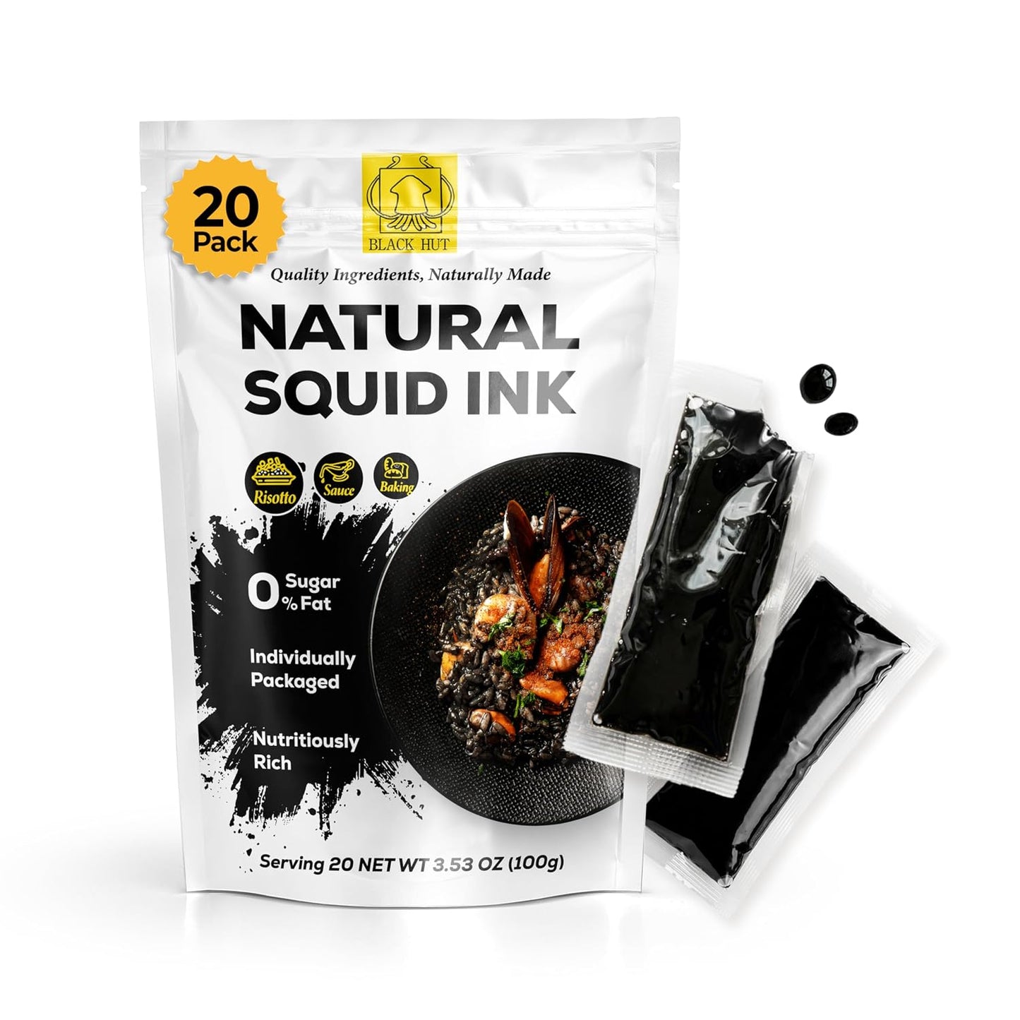 Black Hut Squid Ink for Cooking, Cuttlefish Ink, 5g x 20 Pack, 3.53 oz | Natural Squid Ink Pasta, Black Food Coloring, Calamari Ink for Rice Noodles Spaghetti Risotto, Halal Certificate