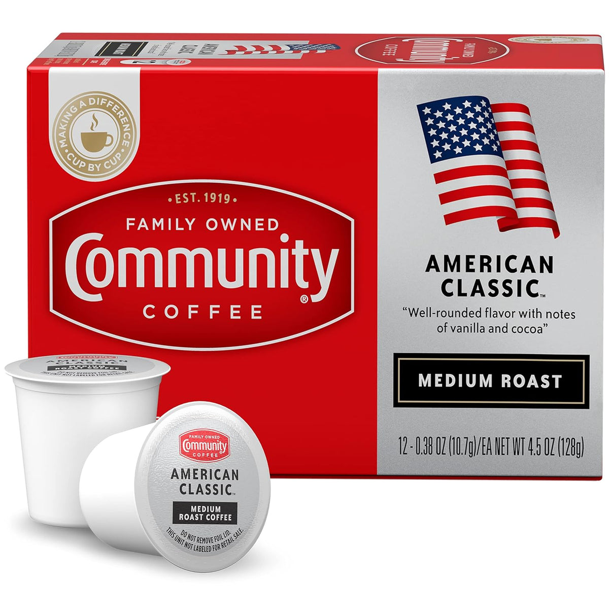 Community Coffee American Classic 12 Count Coffee Pods, Medium Roast, Compatible with Keurig 2.0 K-c