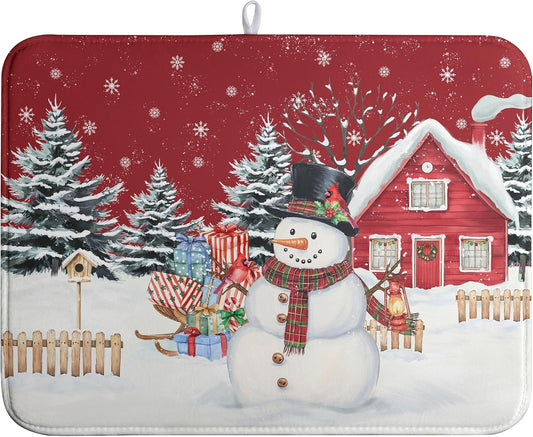 Christma Snowman Dish Drying Mat Winter Snowflake Large Kitchen Mats Dish Drying Pad Red Absorbent Dish Dryer Mat for