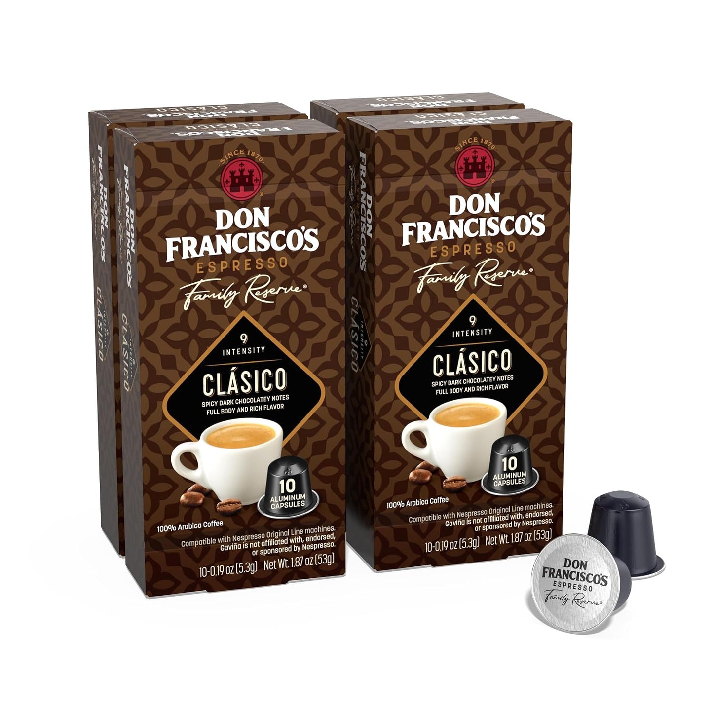 Don Francisco's Clasico Espresso Capsules, Dark Roast, 40ct | Compatible with Nespresso Original Machines, 100% Arabica Coffee, Aluminum Capsules, Simple Convenient Mess-Free Espresso